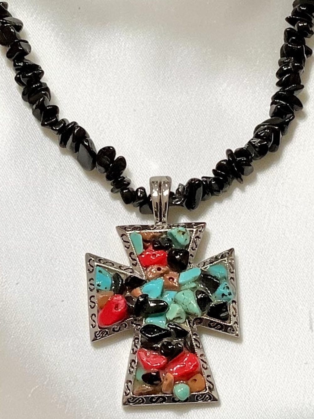 Silver, Turquoise, Red, &  Black Cross Pendant Necklace - Black Bead Strand. NWT